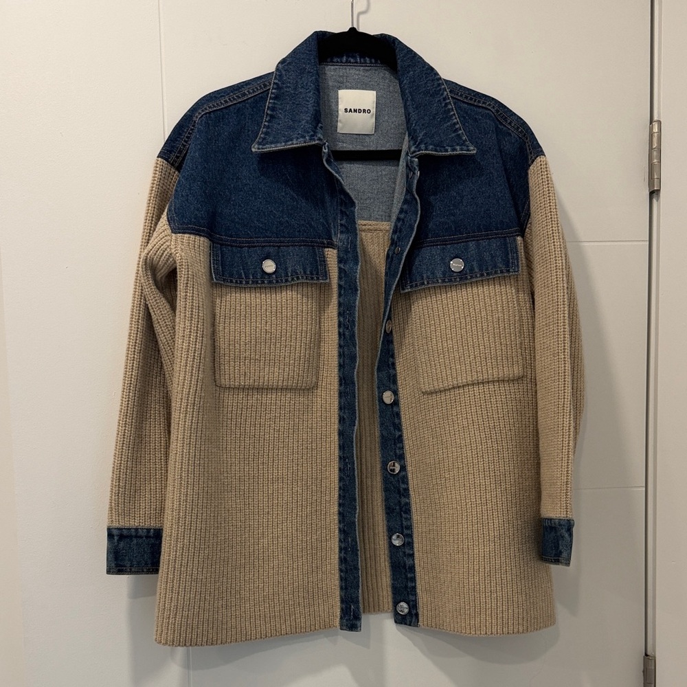 Sandro Beige Knit and Dark Blue Denim Panel Shacket Small